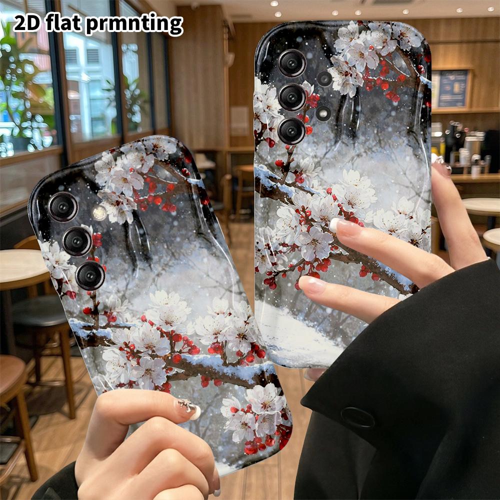 Phone Case: 2D Flat Samsung Galaxy A34 A35 S20 S22 S21 FE Plus Ultra Protective Case, Falling Snow White Plum, Christmas and Halloween Gift