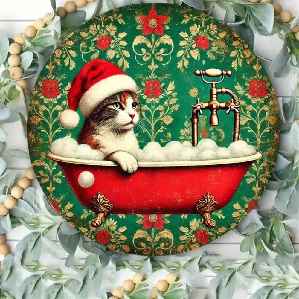 Vintage Christmas Cat Santa Hat Metal Wall Art 8x8 Inch Home Decor