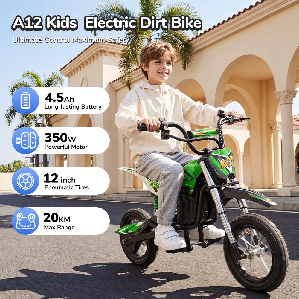 Trotinetă Electrică A12 pentru Copii 350W 4.5Ah Roți de 12'' Suspensie Față și Spate 3 Viteze 8-25KM/H Autonomie 19-22KM Trotinetă Electrică pentru Copii