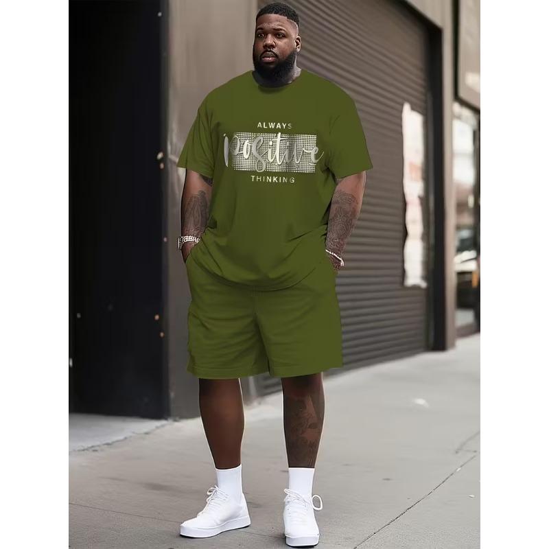 Simple Letter Print T-shirt Shorts 2-piece Set Fashion Men's Suit Big Size Loose Short Sleeve T Shirt Drawstring Shorts Set