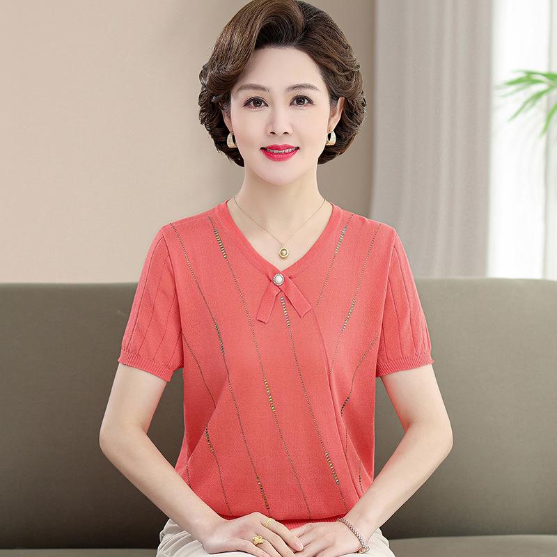 Mom's Summer Ice Silk Knit Top - Short Sleeve, Small Size for Women Aged 40-50
