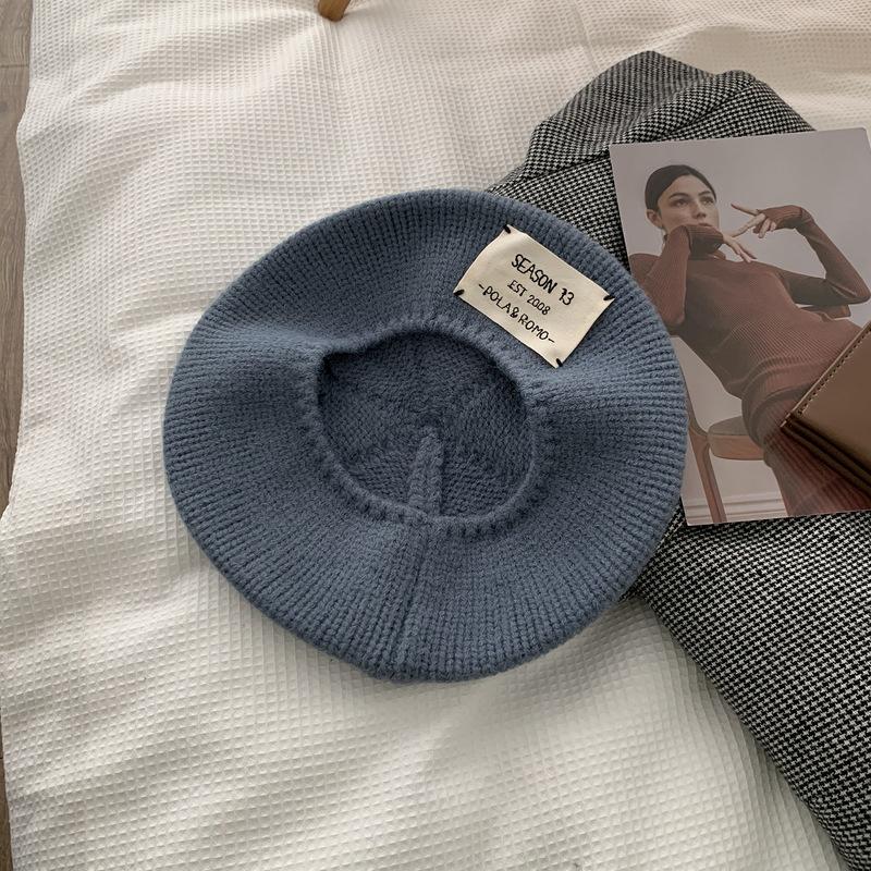 Porridge Cocoa Knitted Hat Woolen Hat Label Beret Women Autumn and Winter Versatile Warm Big Head Painter Hat