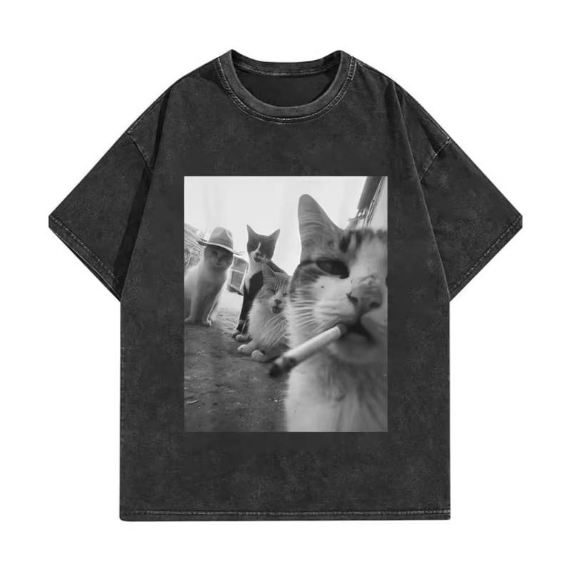 Funny Cat Meme T-shirt High Quality Fashion Vintage Washed T-shirts Men Women Casual Short Sleeve T Shirts Streetwear