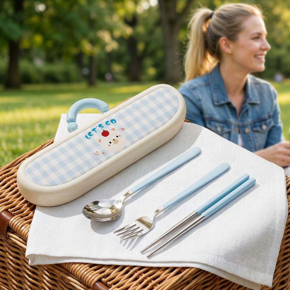 Stainless Steel Chopsticks Three-piece Set Cartoon Pattern Fork Dining Utensils Kit  Office Use