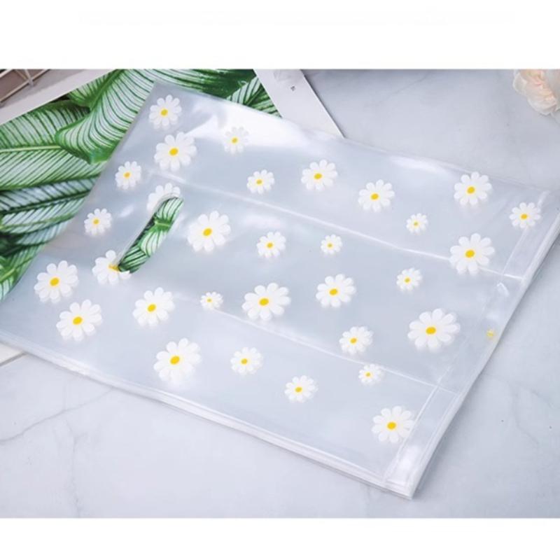 

Daisy Printed Takeaway Tote Pouchs Cake and Dessert Baking Packaging Bags Thickened Transparent Food Delivery Pouchs PE Material Gift Plastic Bag 20x30x12cm 50pcs