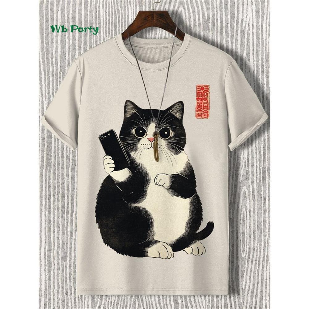 

Мужская футболка с забавным принтом кота, модная футболка с коротким рукавом, топы больших размеров для вечеринок и улицы, мужская повседневная летняя одежда 4XL