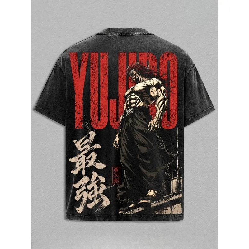 Yuujirou Hanma Baki Graphic T Shirt Men Short Sleeve Cotton Tshirts Vintage Washed Tee Harajuku Male Oversized Street T-shirt