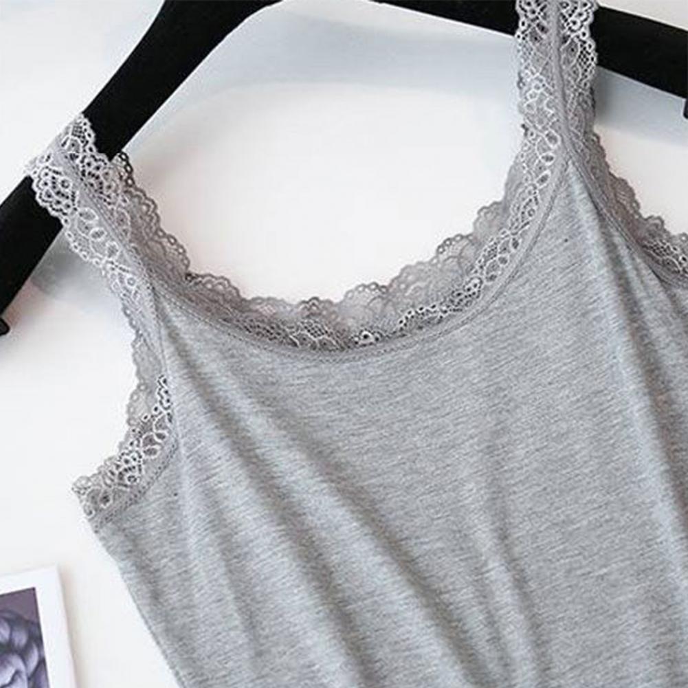 Women Summer Thin Vest U-Neck Sleeveless Slim Fit Tank Tops Single Color Lace Trimmed Camisole Streetwear
