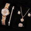 6Pcs/set Luxury Crystal Quartz Watch Exquisite Necklace Bracelet Earrings Set  Ladies