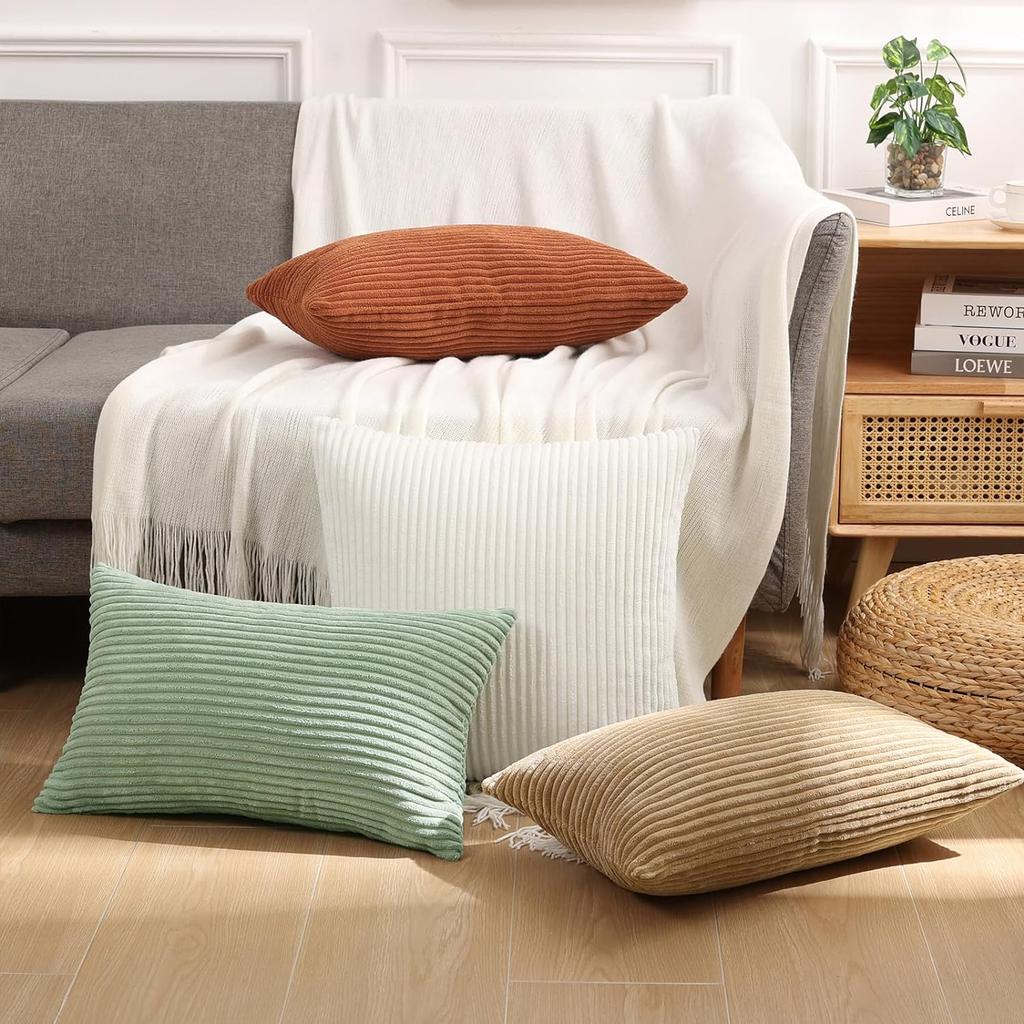 Fundas de Cojín de Pana 18x18 Funda de Cojín con Decoración de Rayas para Sala de Estar Cama Suave Funda de Cojín para Sofá Beige Blanco