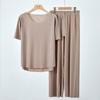 Women's Ice Silk Pajama Set Short Sleeve O-Neck Top & Wide Leg Pants Breathable Summer Loungewear 