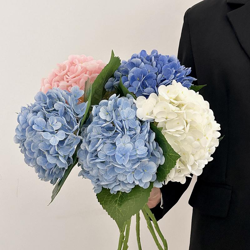 Blue Artificial Hydrangea Flowers Real Touch Green Artificial Hydrangea Branches Decoration Wedding Bouquet Flower Arrangement