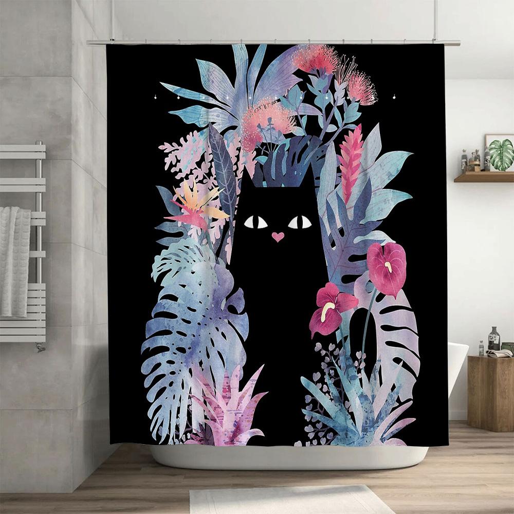 Cat Leaf Pattern Shower Curtain Tropical Plants Nature Bathroom Decor Waterproof Liner Vintage Floral Backdrop Washable