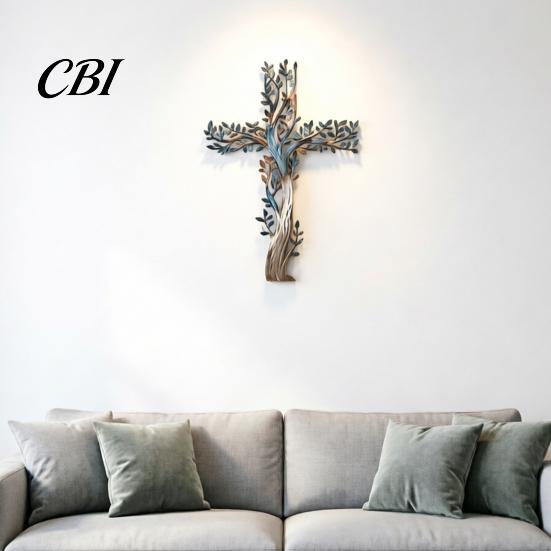 Farbverlauf Metallkunst Kreuz Wandkunst, Lebensbaum Hängende Kreuze Dekoration Dekoration, für Garten Wohnzimmer Schlafzimmer