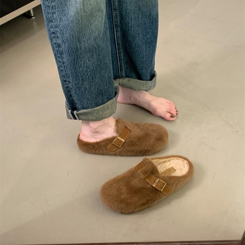 Foreign trade bag head slippers women's new warm and comfortable flat-bottomed lazy slippers in autumn and winter 2025