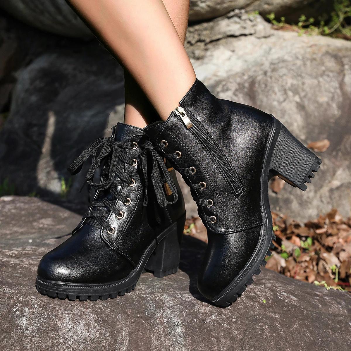 

Женские ботинки Модные Роскошные Ботильоны на шнуровке Платформа Искусственная кожа Обувь на высоком каблуке Женские Новый тренд Ретро Уличные ботинки 39 чёрный