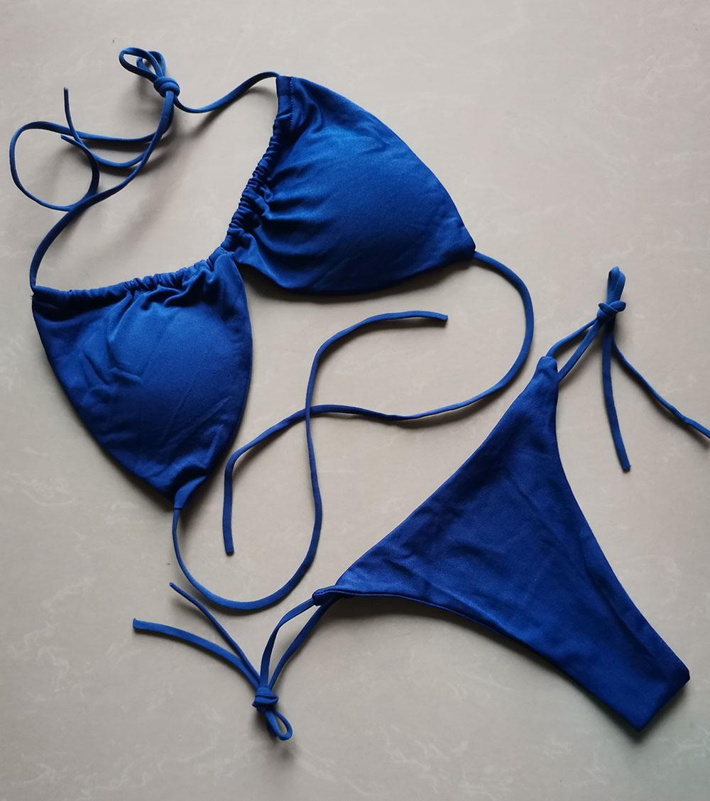 

Summer Sexy Bikini set Push-up padded Bra Thong Split Swimwear Female Bandage Bathing Suit Adjustable Lacing Swimsuit Solid S синий