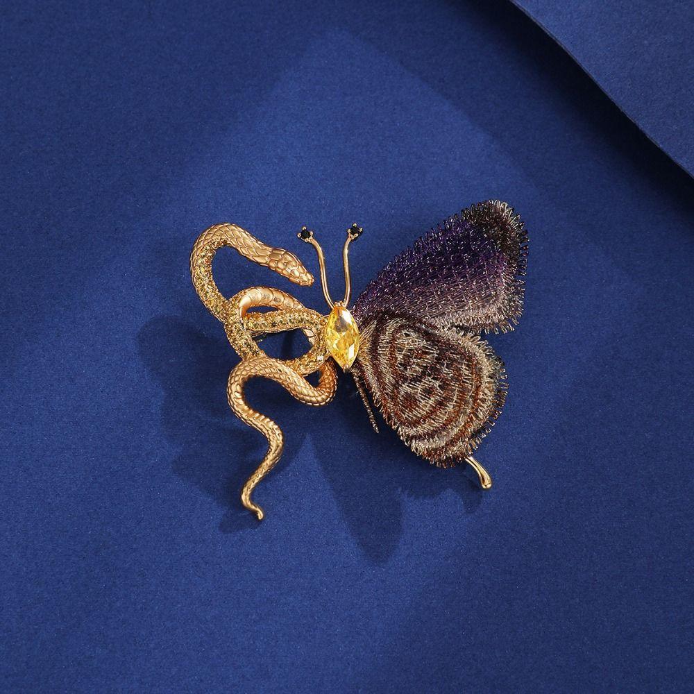 Vintage Snake Butterfly Brooches Zodiac Snake Lapel Pin Rhinestone Animal Collar Pins  Casual