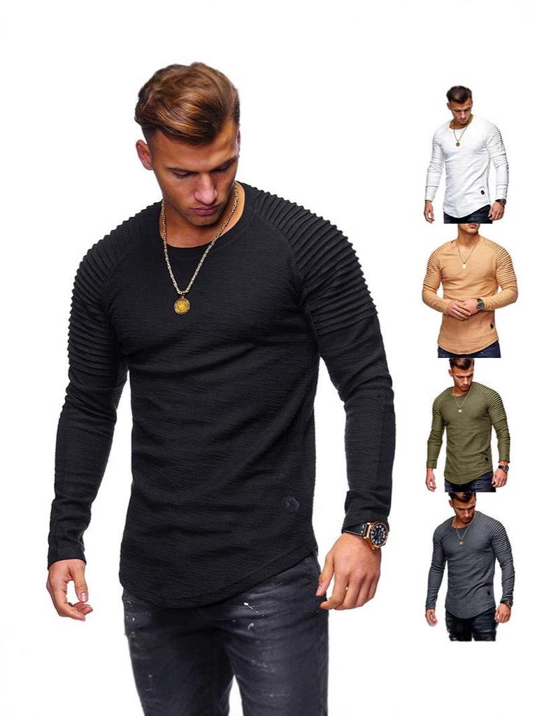 Men's Slim Fit Pleated Solid Color Long Sleeve Raglan T-shirt