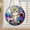 2D Flat Stained Glass Cat Window Decoration, 7.87inches Cat Butterfly Flowers Design Colored Glass Plate with Chain, Charming Spring Summer Sun