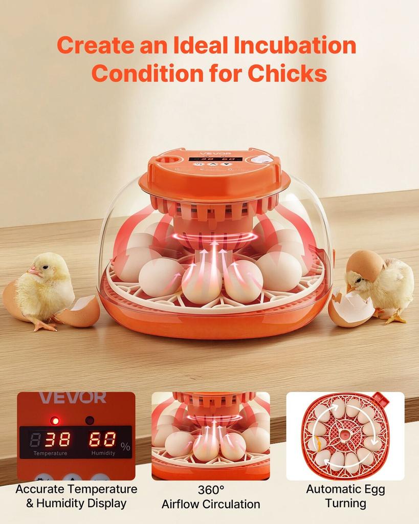 12 Egg Incubator, Automatic Egg Turner with LED Candler, Temperature & Humidity Control, 360° View Clear Window, Poultry Eggs Incubator for Home Farm,