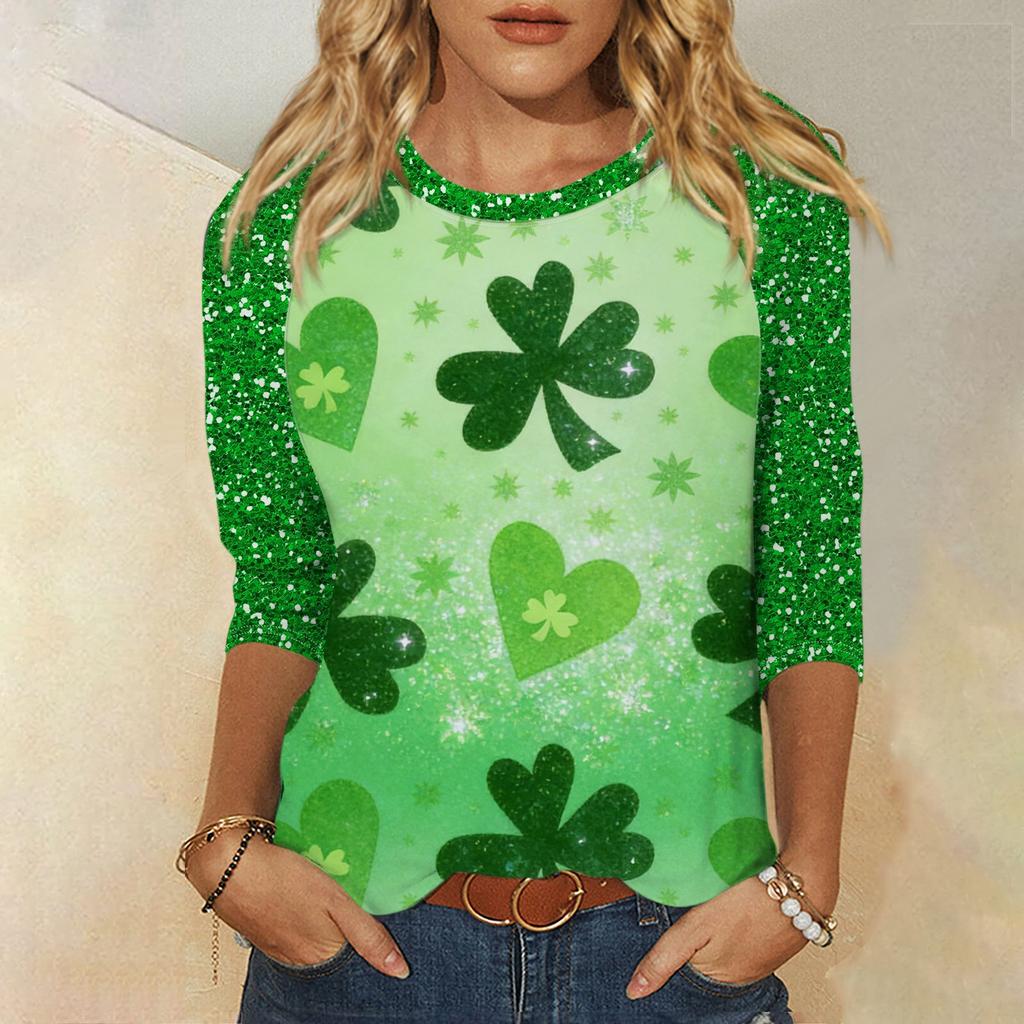 Frauen St. St. Patrick's Day Print Rundhals Dreiviertelarm Oberteil