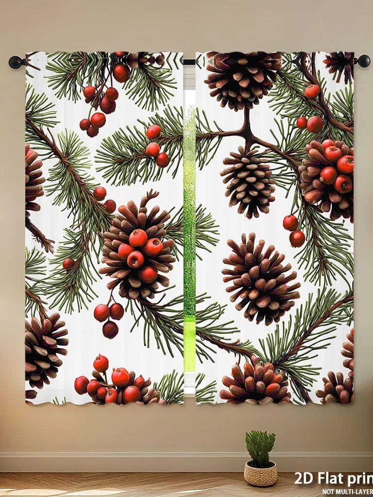 Piece Set High Definition Digital Printed Curtainschristmas Pinecones Redberries Greenbranches Nature Style Seamless Patter Curtains Made Of Polyester