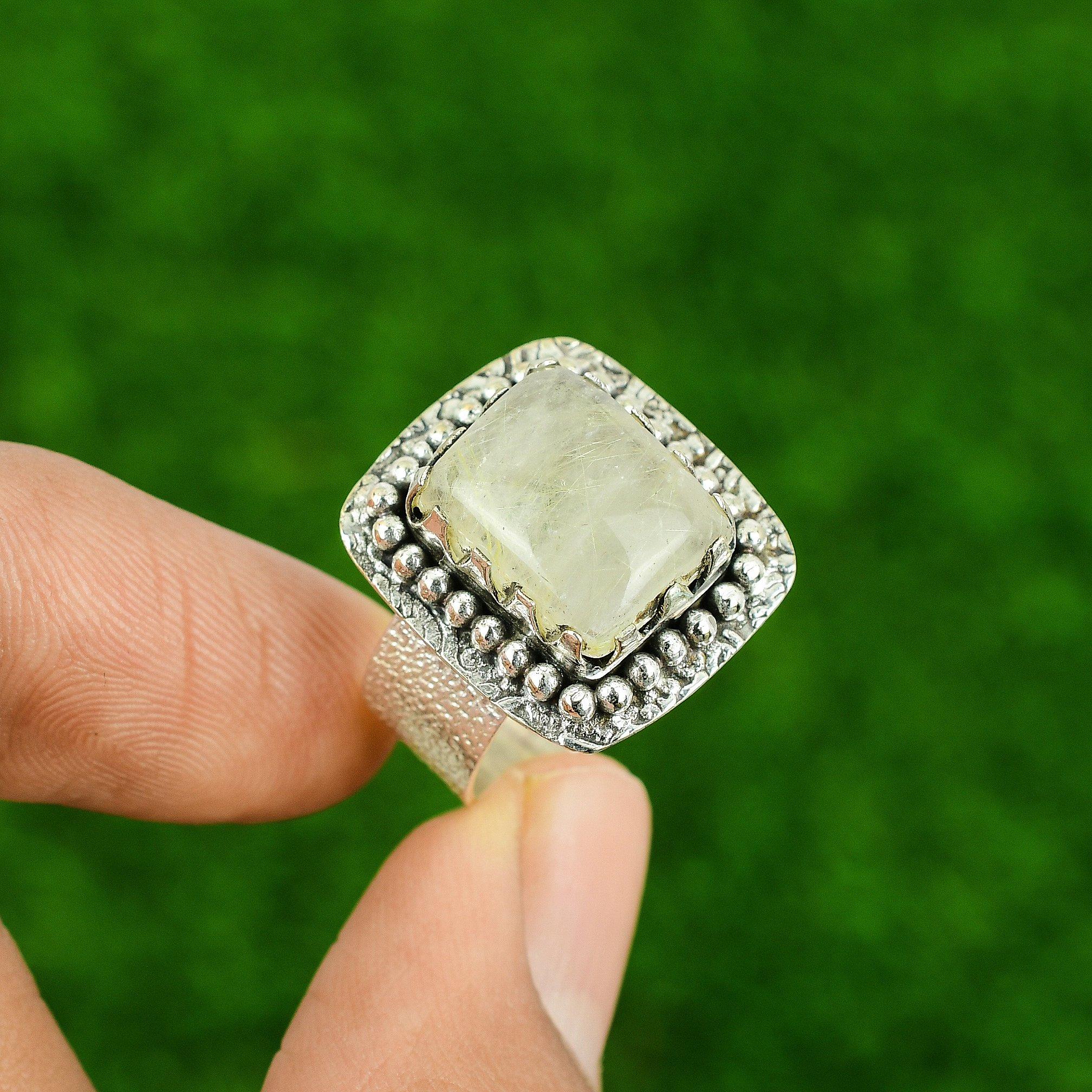 

Золотистый рутиловый камень Обещание Элегантное кольцо-солитер Этническое кольцо Стерлинговое серебро США 9,5 9.5