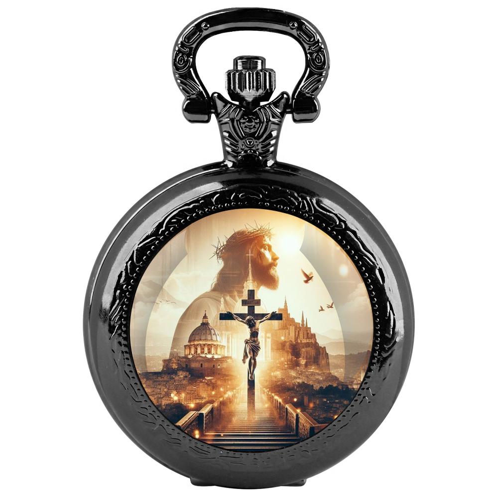 

Easter He Is Risen Design Glass Dome Pocket Watch Arabic Numerals Quartz Watch With Chain Easter Gift чёрный