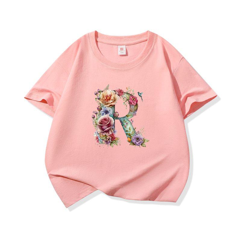Kids Cotton T Shirt Floral Letter R Print Crew Neck Short Sleeve Tee Casual Boys Girls Summer Tops