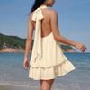 Neck Backless Tie Waist Sleeveless Solid Mini Dress with Layered Hem for Women Casual Loose Fit Summer Dress