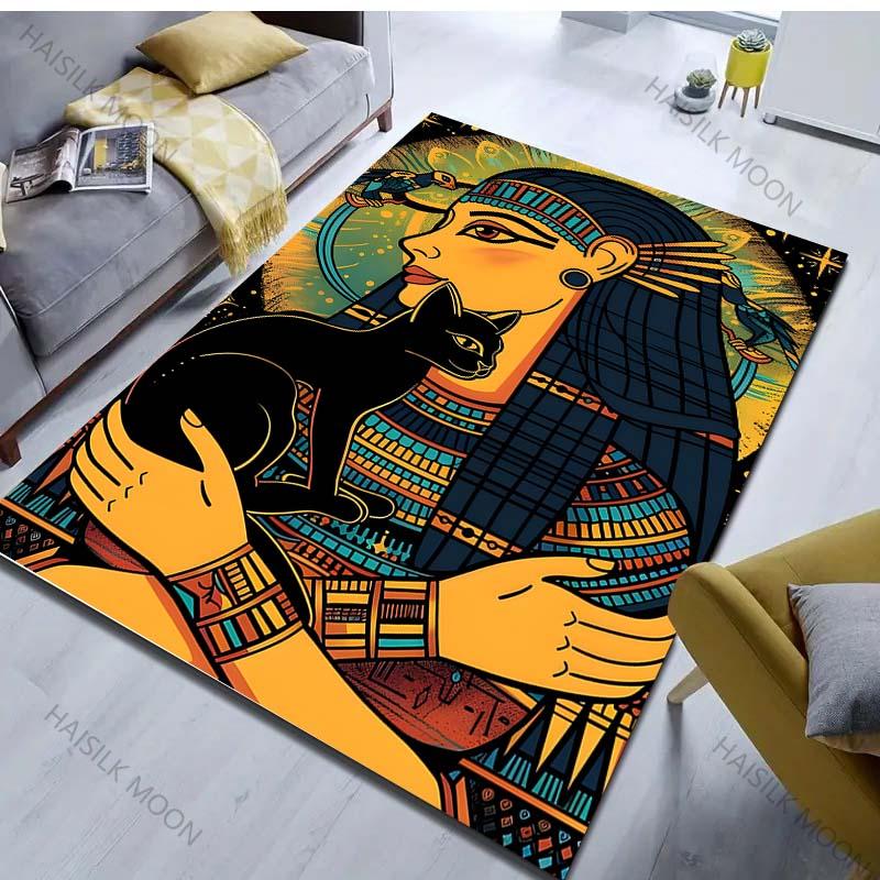 Ancient Egyptian Woman and Black Cat Print Carpet for Bedroom Living Room Bedside Sofa Floor Mat Modern Home Decor Area Rug