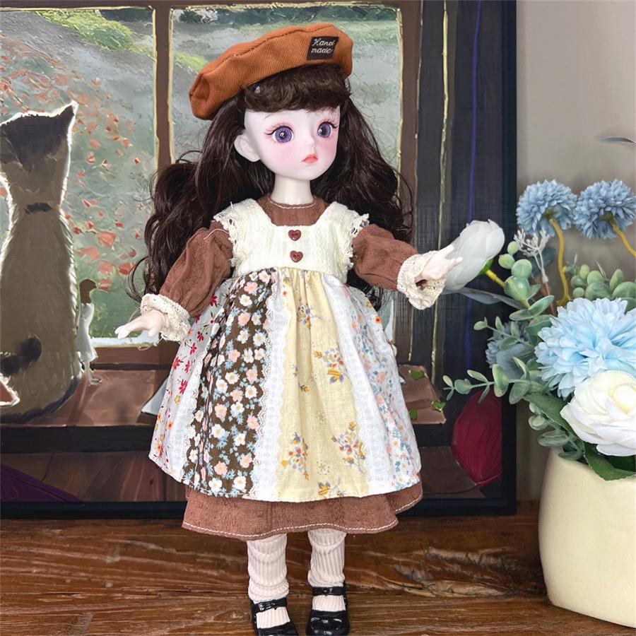Vintage Brown Corduroy Plaid Skirt 6 Points BJD Doll Cottagecore Style Clothes Set 30cm Dolls Outfit Change Dress Up Accessories