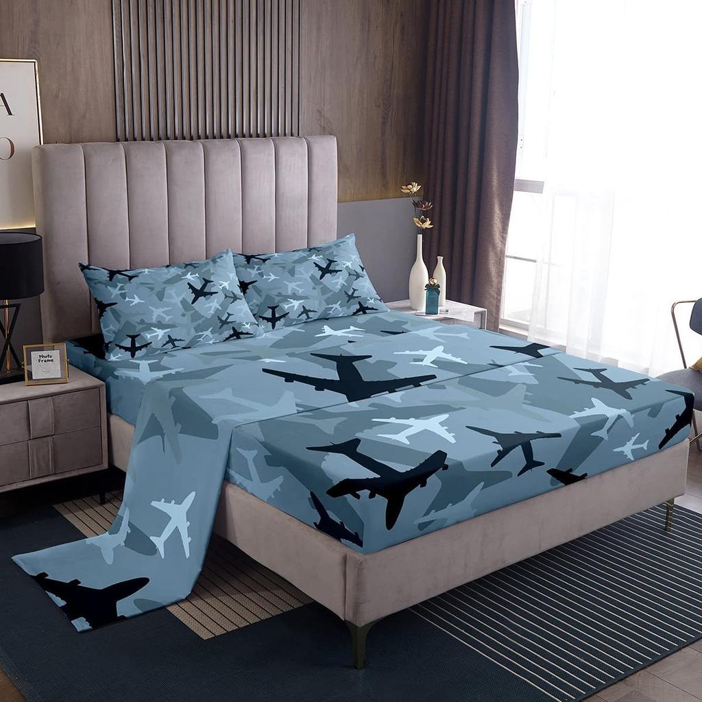 Camouflage cartoon airplane pattern bed hat four-piece bedding set bedroom dormitory bedding decoration