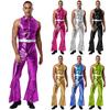 Herren 70er Jahre Jumpsuit Glänzend Metallisch Reverskragen Ärmellos Hohe Taille Schlaghose Disco Tanz Sänger Outfit