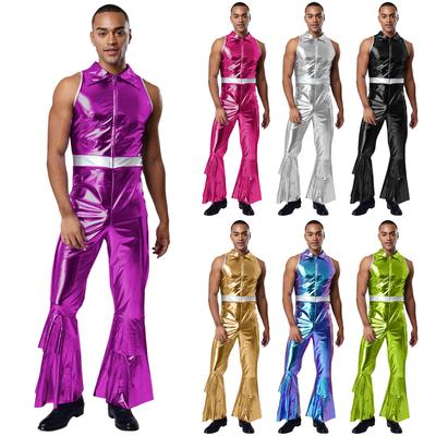 Mens 70s Jumpsuit Shiny Metallic Lapel Collar Sleeveless High Waist Flared Pants Disco Dance Singer Outfit