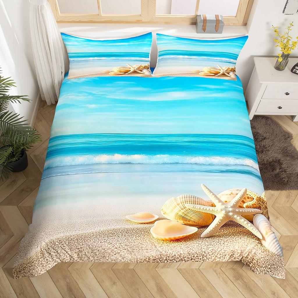 Summer Beach Theme Duvet Cover Twin Queen, Starfish Conch Seashell Bedding Set for Boys Girls Bedroom, Ocean Animal Bed Cover