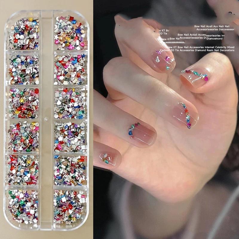 12 Boxed Mini Small Resin Nail Drill Mixed Color Acrylic Flat Special-shaped Drill Nail Art Accessories