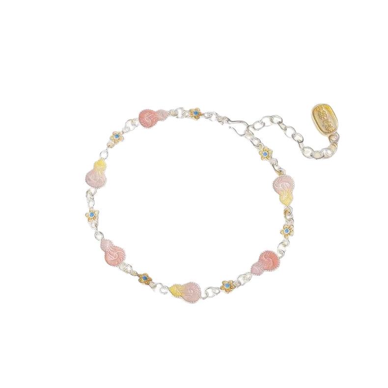 Sterling Silver Enamel Floral Gourd Bracelet: Elegant Chinese-Inspired Design for Women.