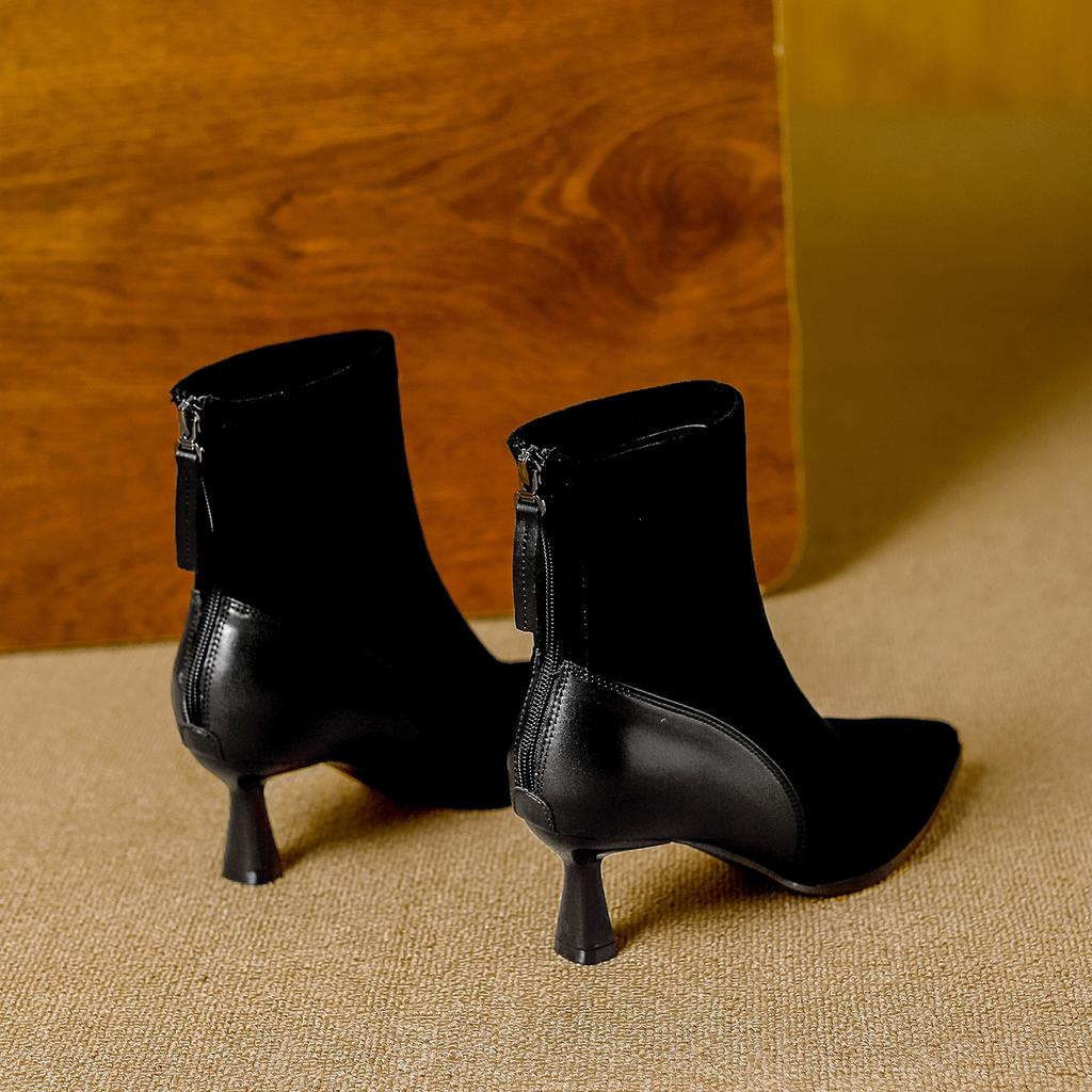 High Heel Short Boots Thin Heel Pointed Skinny Boots Suede Splicing Coffee Boots Medium Boots