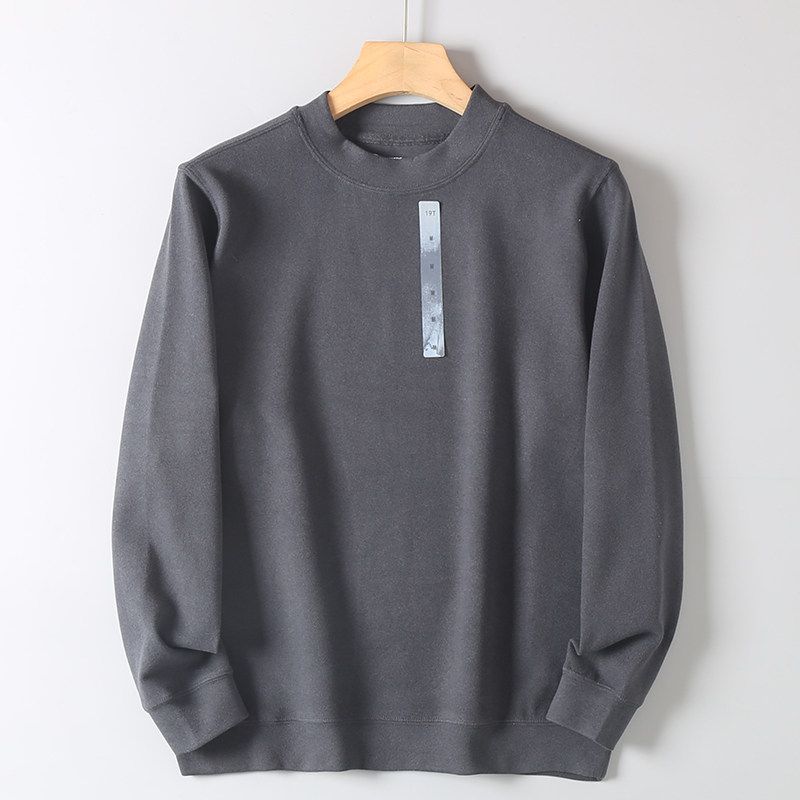 Men's Elastic Solid Color Half-High Collar Basic Versatile Loose Long-Sleeve Sweatshirt, Skin-Friendly and Warm Double-Sided Thermal Base Layer