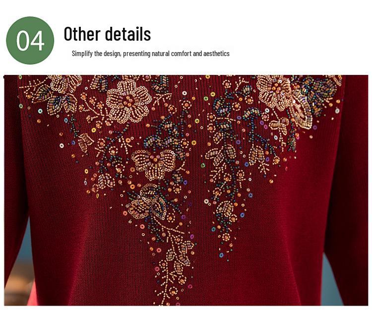 Happy Mother-in-law V-neck Red Knitwear with Handmade Sequin Embroidery - Slimming and Age-Reducing Top for Spring and Autumn