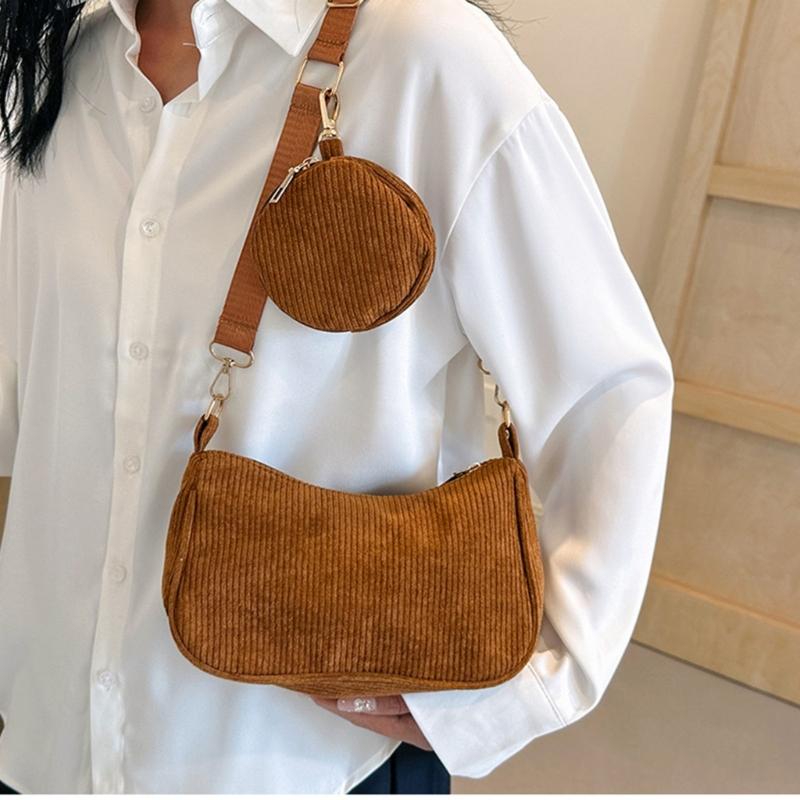 Womens Fashion Solid Color Corduroy Underarm Bag with Coin Purse Pouches Shoulder Crossbody Bag for Shopping Dating Work