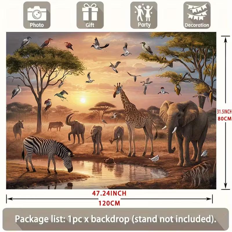 Realistic Savanna Party Backdrop African Animals and Acacia Trees Background Banner