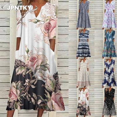 JPNTKY Moda Estate Primavera Colore Unico Stampa Manica 1/2 Scollo a V Abiti Casual