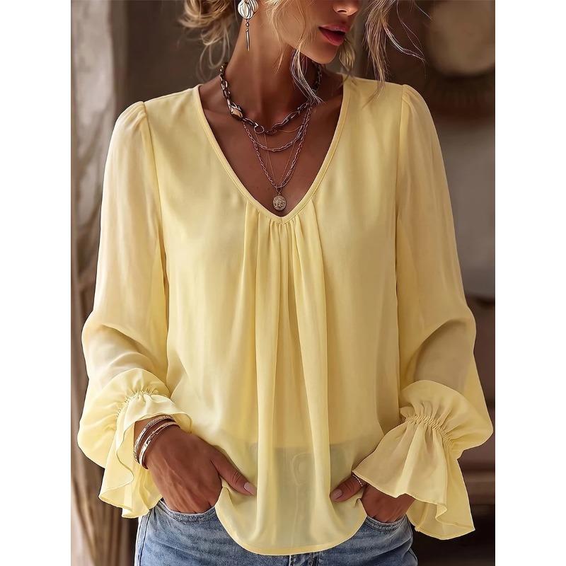 Women S V Neck Loose Fit Solid Color Long Sleeve Shirt