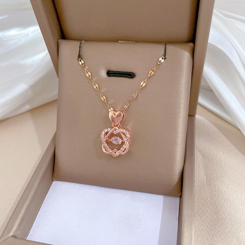 Heart-To-Heart Printing, Smart Light Luxury Temperament, Gorgeous Full Diamond Necklace, Female Versatile Collarbone Chain, Titanium Steel Chain