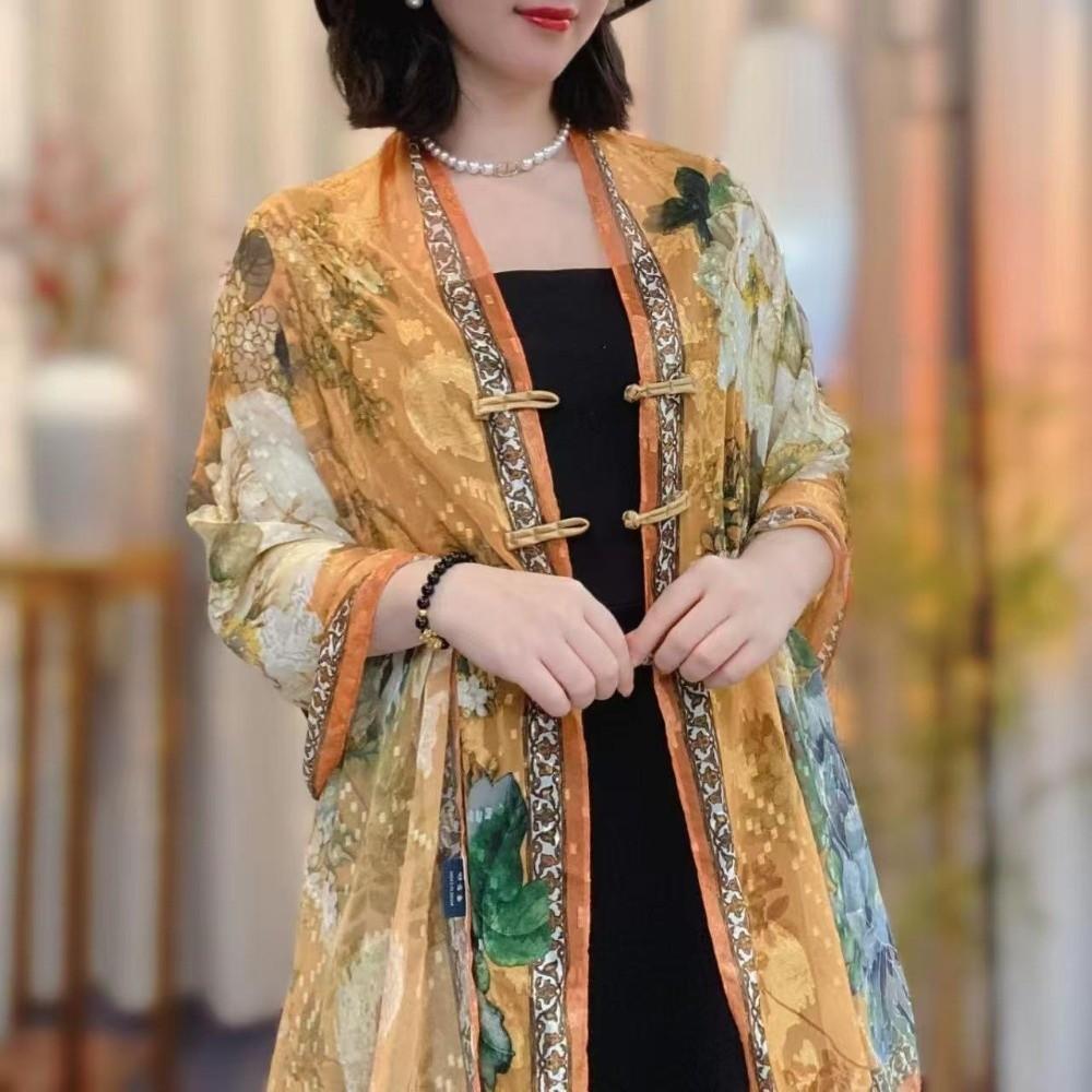 Retro Style Lady Silk Scarf Sunscreen Tudung Scarf Trendy Buckle Printed Shawl Summer