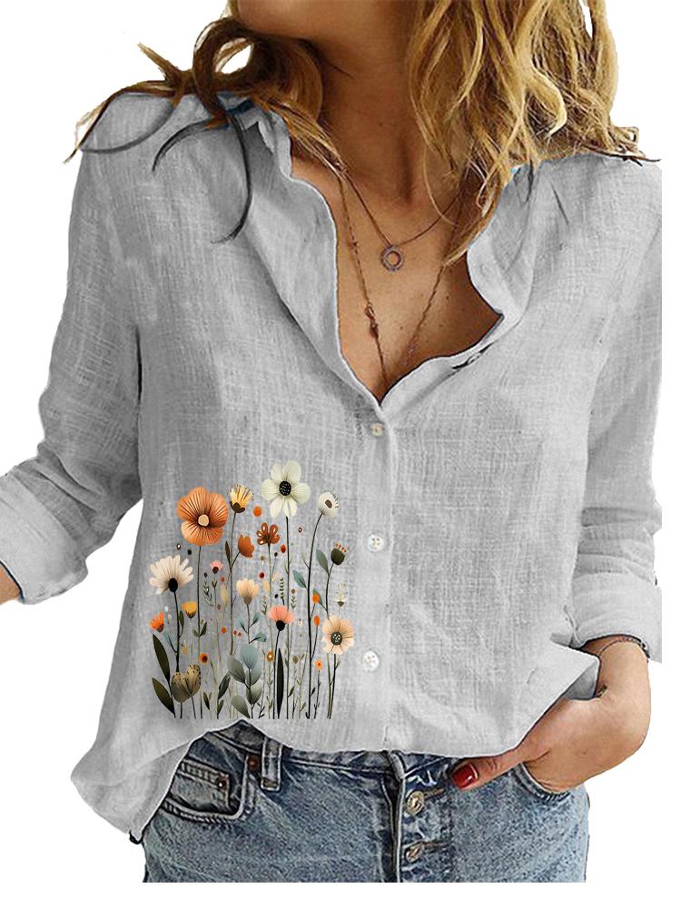 Damska Modna Bawełniana Lniana Bluzka Wiosna&lato Codzienny Luźny Top Damska Koszula z Kwiatowym Wzorem Długi Rękaw