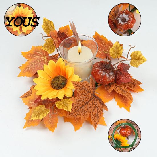 Berry And Pumpkin Candle Decor Fall Rings Wreaths, Artificial Maple Leaf Ring for Pillar Sunflower Holder, Thanksgiving Halloween Home Party